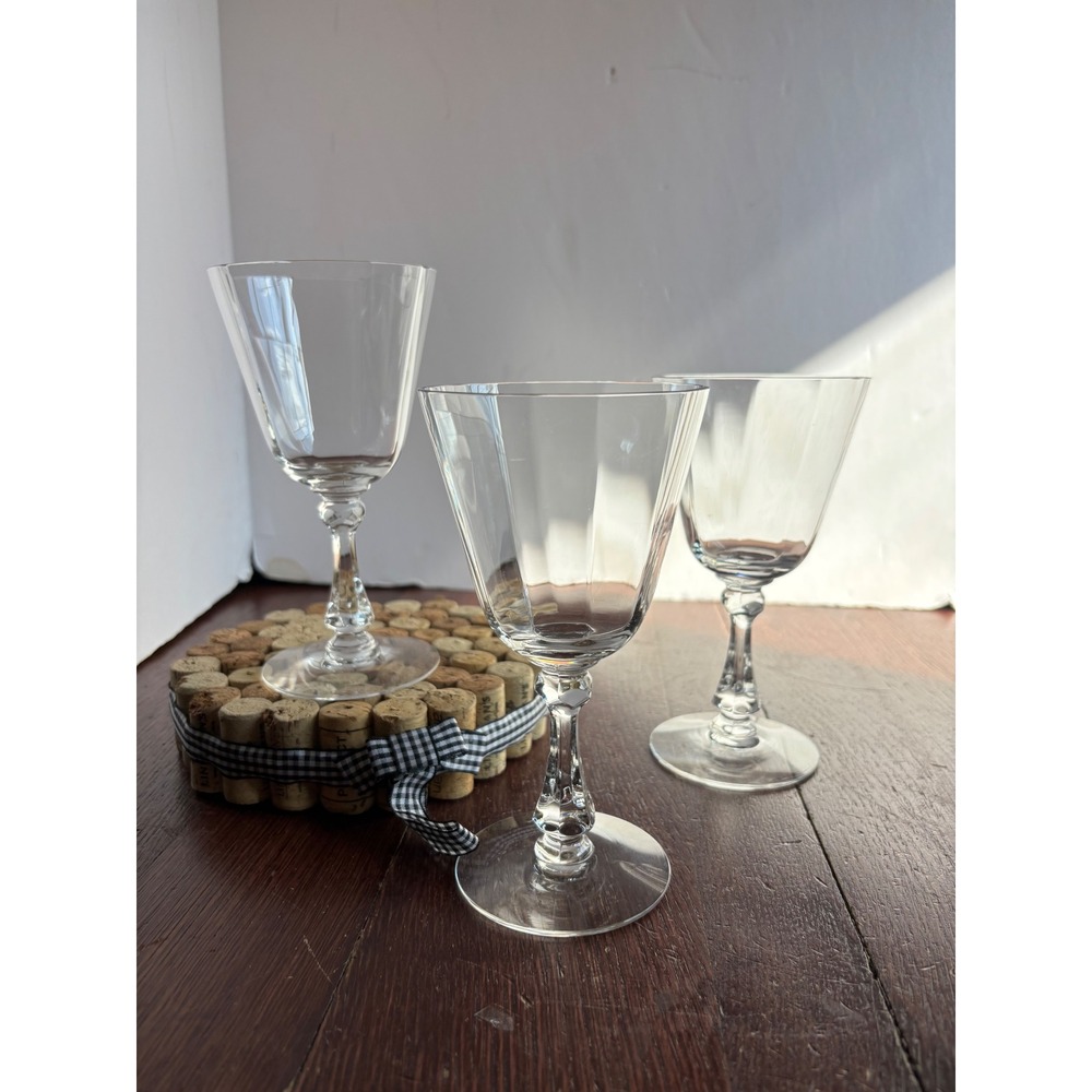 Set of 3 Vintage Clear Glass Paneled Wine Goblets Faceted Baluster Stem 6.25"